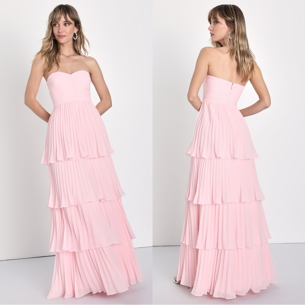 NWOT Lulus Seriously Sensational Light Pink Strapless Tiered Maxi Dress